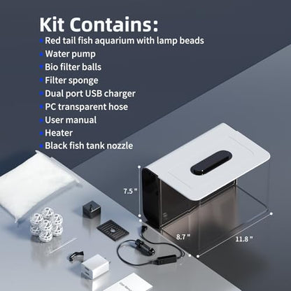 Betta Fish Tank, 2.5 Gallon Aquarium Kit with Modular Filtration, Heater, Light, Self Cleaning, Oxygenation, Small Fish Tank for Guppy, Shrimp - color: Black with Heater
