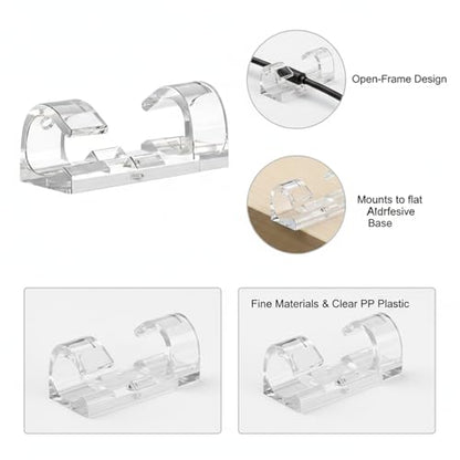 Self-Adhesive Cable Clips for Cord Management, Clear PP Plastic Wire Holders for Desk Edge and Wall