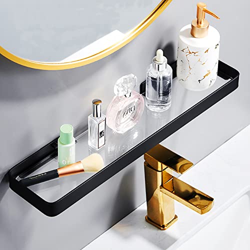 15.7" Bathroom Wall Shelf, Black Shower Caddy Shelves with Tempered Glass, Bathroom Shelves Wall Mounted with Towal Bar, Rectangle Glass Shelf for Shower Organization and Storage (1 Tier)