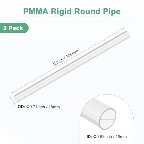 M METERXITY 2-Pack Clear Rigid Acrylic Pipe, 16mm[0.63"] ID x 18mm[0.71"] OD Plastic Round Tube for Water Cooling System/Lamps/Fountains/Aquariums/Display Stand, Acrylic Tubing [305mm/12IN] - size: 16mm ID x 18mm OD