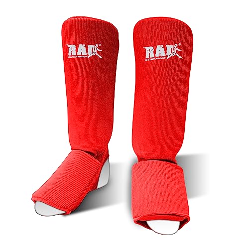RAD Shin Guards for MMA, Muay Thai, Kickboxing, Karate & Taekwondo | Padded Shin Instep Guards for Martial Arts | Elastic Cloth Protective Gear for Leg Protection & Training - color: Red, size: X-Large
