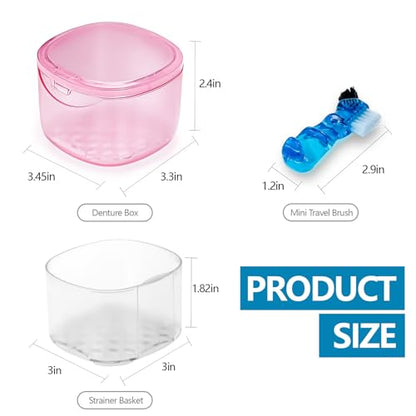 Travel Denture Case Denture Soaking Container with Brush, Denture Cleaning Case Retainer Bath Box Case False Teeth Container - Leak Proof & Lid Waterproof - Transparent Pink - color: Transparent Pink