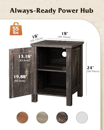 WLIVE Farmhouse Nightstand with Charging Station, End Table with Barn Door and Adjustable Storage Shelf, Rustic Wood Night Stand, 18" Modern Bedside Table for Bedroom, Dark Rustic Oak - color: Dark Rustic Oak