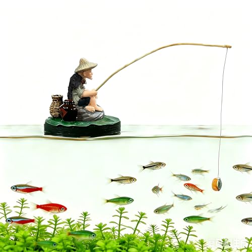 Fisherman Aquarium Decor – Cute Fisherman Ornament Sitting Fishing Figurine with Mini Fishing Rod Fun Feeder Aquarium, Aquarium Decor, PVC Floating Diorama