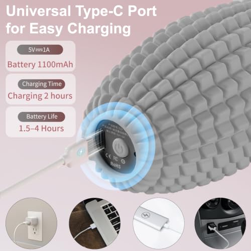 Vibrating Massage Ball with Rolling Massage Head, Trigger Point Massager Ball for Back, Shoulder, Foot, Muscle Recovery, Portable Rechargeable Massage Roller, 3 Vibration Speeds (Grey) - color: Grey