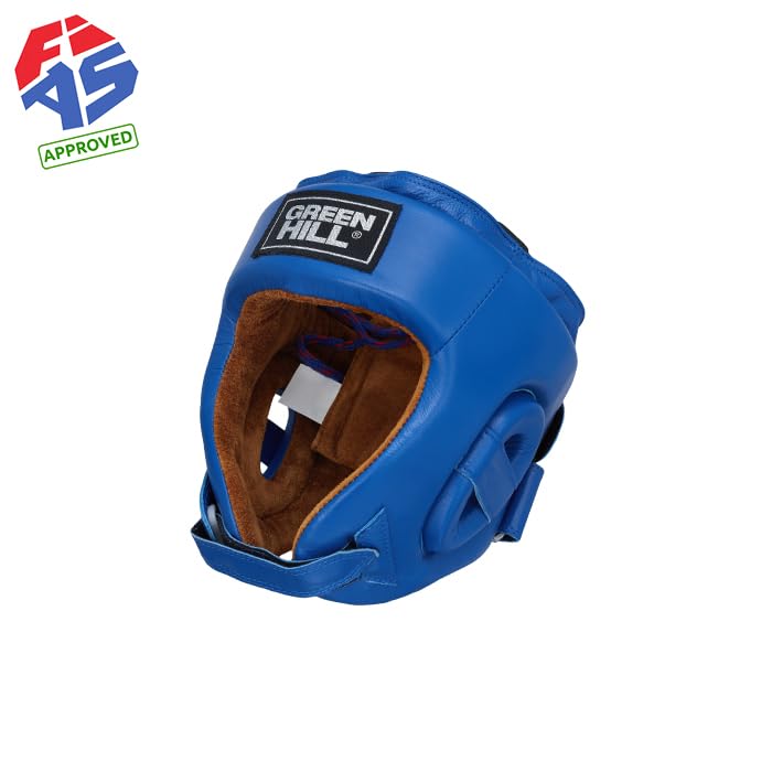 Green Hill Five Star Leather Boxing Headgear for Men & Women | AIBA-approved leather head guard for boxing, MMA and Muay Thai with secure fit and impact protection during sparring. - color: Blue