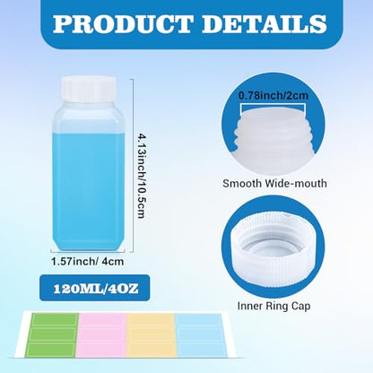 DEMORA 3.4oz Small Square Plastic Travel Bottles, Reusable Leak Proof Liquid Containers with Caps and Stickers for Pill, Water, Juice（4 Translucent & 4 White, 8 Pcs）