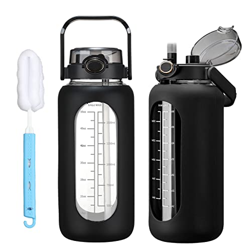 chunmo 42oz/52oz/64oz Glass Water Bolttles with Straw Half Gallon Large Motivational Water Bottle with Time Marker Sports Water Bottles with Silicone Sleeve and Handle Lid Water Jug for Gym Workout - color: Black, size: 42 Ounces
