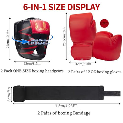 8-Piece Boxing Gloves Set with 2 Headgear and 4 Hand Wraps, PU Leather Black Red Protective Gear for Men, Women, Kids, and Youth MMA Training Sparring - size: Large