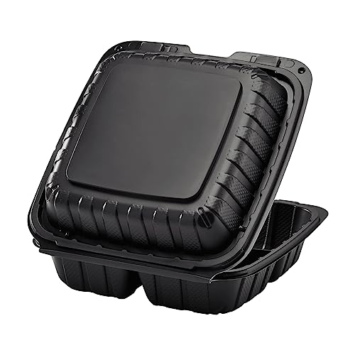 KARAT EARTH Clamshell Take Out Food Containers [8"x8" - 200 ct] To Go Containers | 3 Compartment, Soak-Resistant, Durable, Stackable | Vented for Hot/Cold Foods, Black