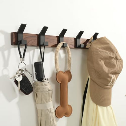 Coat Rack Wall Mount - 16.9 Inches Coat Rack Wall Mount with 5 Hooks Walnut Wood Coat Hooks Wall Mounted Rustproof Coat Hanger Black Aluminum Wall Hooks for Hanging Coat Hat Backpack Key - size: 5 Hooks