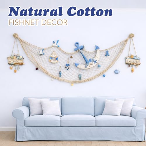 4E's Novelty Fish Net Decorative - Pack of 3 - Natural Cotton Fishnet Decor - Each 14 x 4 feet - for Mermaid Party Decorations, Luau Tropical Nautical Beach Table Cover