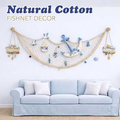 4E's Novelty Fish Net Decorative - Pack of 3 - Natural Cotton Fishnet Decor - Each 14 x 4 feet - for Mermaid Party Decorations, Luau Tropical Nautical Beach Table Cover