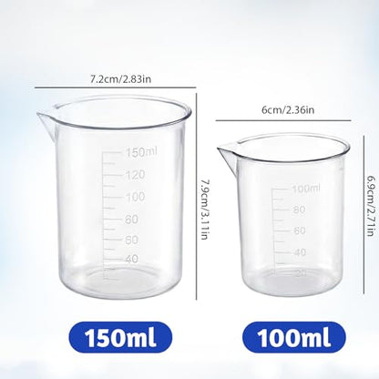 Plastic Beaker Set, 6 Sizes Low Form Measuring Graduated Polypropylene Beakers - 25ml, 50ml, 100ml, 150ml, 200ml, 250ml for Science Lab Classrooms Home with 6 Plastic Droppers in 3 ml