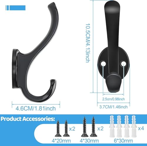 4 Pack Coat Hooks Wall Mount Heavy Duty Utility Retro Double Hooks for Hanging Coats,Hat, Towel, Key, Robe, Scarf, Bag, Cap (Black) - color: 4 Pack-Black