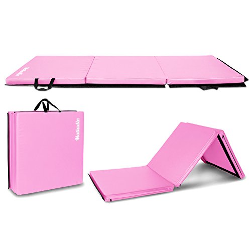 Matladin 6' Folding Tri-fold Gymnastics Gym Exercise Aerobics Mat, 6ft x 2ft x 2in PU Leather Tumbling Mats with Hook & Loop Fastener for Stretching Yoga Cheerleading Martial Arts - color: Pink