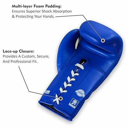 Aura 100 Full Grain Leather Lace Up Boxing Gloves for Men & Women – Professional Training, Sparring, Competition, Muay Thai, Kickboxing & Heavy Bag Gloves - color: Blue, size: 10 OZ