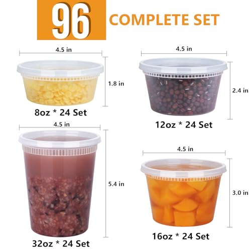 96 Pack (192-Piece) Deli Containers with Lids, 32/16/12/8 oz X 24 Set Each, Leak-Proof & BPA Free Airtight Takeout Plastic Food Storage Containers for Soup, Meal Prep, Microwave/Freezer Safe - size: 32/16/12/8 oz X 24 Set