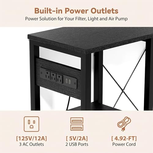 5-10 Gallon Fish Tank Stand with Power Outlets, 4 Tier Metal Aquarium Stand with Wood Storage Shelves, 20.3" L x 10.6" W x 30.3" H Turtle Reptile Fish Tank Table Aquarium Table - Black