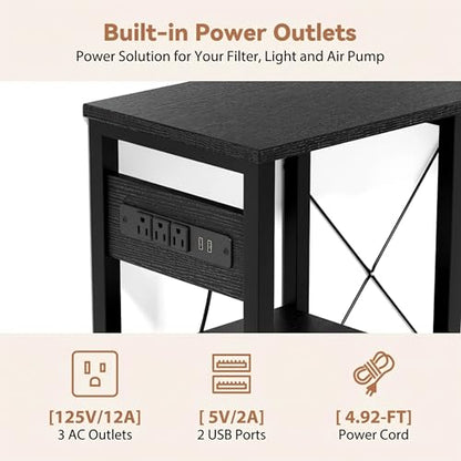 5-10 Gallon Fish Tank Stand with Power Outlets, 4 Tier Metal Aquarium Stand with Wood Storage Shelves, 20.3" L x 10.6" W x 30.3" H Turtle Reptile Fish Tank Table Aquarium Table - Black