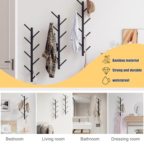 Coat Rack Wall Mount,Bamboo Vertical Hat Rack for Wall,Wall Coat Tree,Coat Hanger,Floating Coat Rack for Hats,Jackets,Bags,Entryway Bedroom (Black)