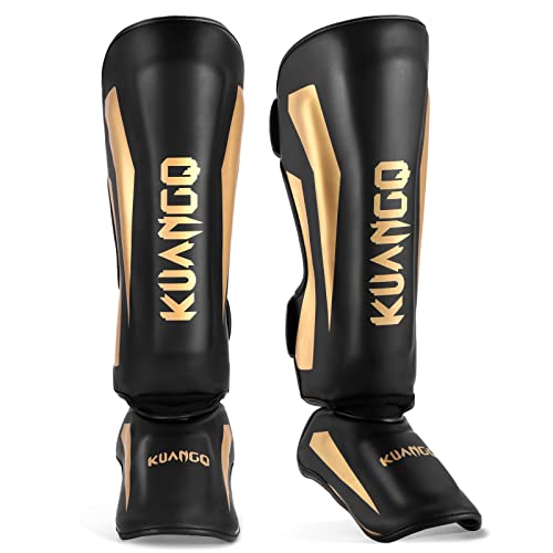 Muay Thai Shin Guards for MMA Sparring, Martial Arts,Kickboxing | Leg Instep Protection Pads, Kickboxing MMA Training, Sparring Gear, Professional MMA Equipment - color: Black-Gold, size: Small