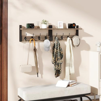 YMYNY Coat Rack Wall Mount with Shelf and Hooks, Silver Gray UHWS001Y-2 | 2 Pack Wooden Wall Mounted Coat Hanger with Shelf and 8 Double Hooks, Wall Coat Rack for Entryway Hallway Bedroom Bathroom - color: Silver Gray, size: 31.5"-2 pack