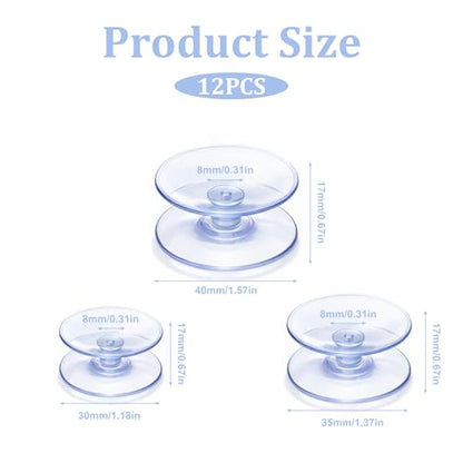 3 Sizes Suction Cups, 12 Pcs Double Sided Suction Cups for Glass Table Mirrors Furniture (30+35+40mm)