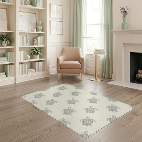 4'x6' Washable Kawaii Sea Turtle Area Rug, Light Gray Flatwoven Floor Mat Non-Slip Chair-Friendly Carpet for Home Office, Gaming Room, Under Desk | Ref:1955509 - color: Beige/Pattern 12, size: 4' x 6' (Rectangular)