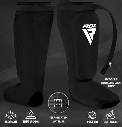 RDX Shin Guards Kickboxing Muay Thai, SATRA Approved, MMA Leg Instep Protection Pads, Sparring Training Martial Arts Boxing, Elasticated Padded Protector, Karate BJJ Taekwondo Gear, Men Women - color: Black, size: Medium