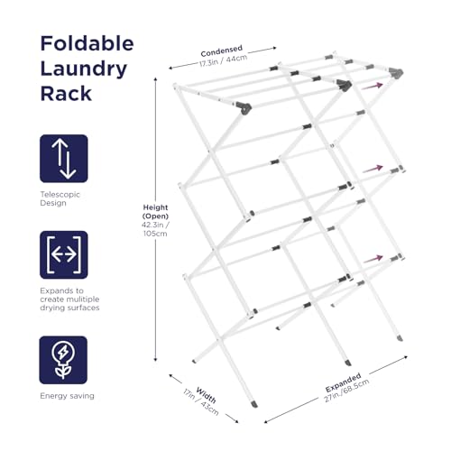 BLACK+DECKER 3 Tier Expandable Collapsing Foldable Laundry Rack for Air Drying Clothing, Space Saving Heavy Duty Lightweight Metal Drying Rack(White) - color: White