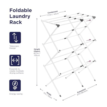 BLACK+DECKER 3 Tier Expandable Collapsing Foldable Laundry Rack for Air Drying Clothing, Space Saving Heavy Duty Lightweight Metal Drying Rack(White) - color: White