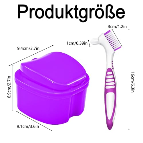 2 Pack Denture Cup Denture Bath Holder Case with Strainer Basket, Dental Retainer Cleaner Case False Teeth Container Denture Bath Soaking Cup with 2 Brushes - Purple and Blue - color: Purple & Blue
