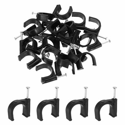 HARFINGTON 120pcs Cable Clips with Nail 18mm ID Circular Single Half Clamp J-Hook with Nail Cord Clips for Wires on Wall for Ethernet Tacks Coax Pex Tubing Pipe Support, Black - size: 18mm ID