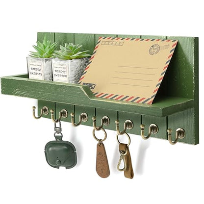 Rebee Vision Key Holder Wall Mount with Shelf &7 Hooks for Entryway, Green - color: Green, size: 15 inches