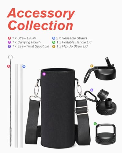 Coolflask 40 oz Water Bottle Insulated with Straw & 3 Leakproof Lids - color: Magic Black, size: 40 Ounces
