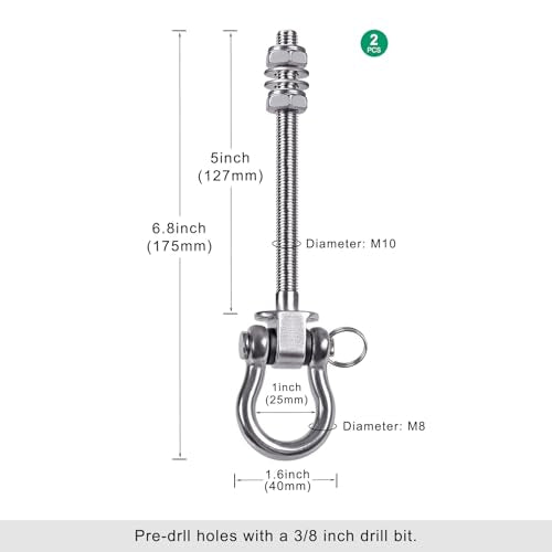 SELEWARE 2 Pcs Stainless Steel Bearing Swing Hangers Heavy Duty Swing Hooks | 5" x M2/5" Swing Bolt for Wood and Steel Beam, Swing Sets Hardware for Hammock, Yoga, Porch Swing, Heavy Bag, 1500LB Capacity - color: 2 Pack Bearing Hangers (5" X M2/5" Threade