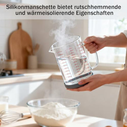 BCnmviku Glass Measuring Cup 6CUPS/1500ML/50OZ High Borosilicate [Insulated Handle | V-Shaped Spout]For Prepping Baking and Cooking Preheated Oven Dishwasher Freezer and Microwave Safe