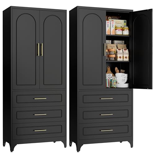 Metal Kitchen Pantry Storage Cabinet with 3 Drawers，75 Inch Black Food Pantry Cabinets for Kitchen Storage with 2 Adjustable Shelves,Tall Storage Cupboard for Living Room,Dining Room Office - color: Black, style: 75 Inch with 3 Drawers