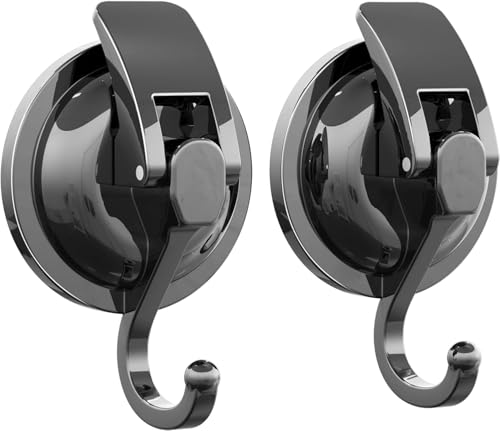 2 Pack Suction Cup Hooks for Shower, Bathroom, Kitchen, Glass Door, Mirror, Tile – Loofah, Towel, Coat, Bath Robe Hook Holder for Hanging – Waterproof Wreath Hanger (2Pack, Gun-Grey)