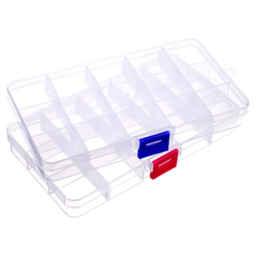 2Pcs Bead Organizer Box, Mini Clear Plastic Storage Box with Removable Divider for Beads Jewelry Rhinestone Small Parts Hair Stuff Accessory DIY Supply (15 Grids)