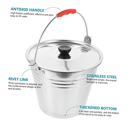 1Pc Durable Stainless Steel Water Bucket with Lid Multi Purpose Storage Container for Household Use Easy to Clean Comfortable Handle