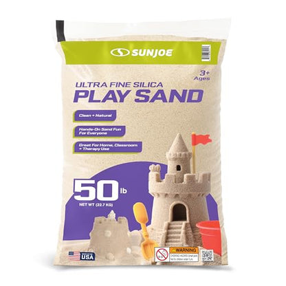 Sun Joe Silica Play Sand for Sandbox, Sensory Table & Gardens, Ultra Fine, 50 Lb Bag - Indoor & Outdoor Craft Accessory for Molding, Digging & Sculpting, PLYSAND50