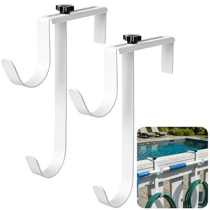 2 Pcs Double Pool Fence Hooks for Pool Equipment, Adjustable Pool Pole Hanger Holder, Rustproof Swimming Pools Skimmer Pole Hooks for Hanging Tool, Hose, Leaf Rakes, Nets Pool-Accessories (White)