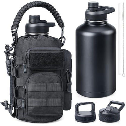 RXW 64oz Insulated Water Bottle Half Gallon Water Jug with Sleeve Tactical - color: Black
