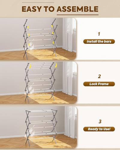 KINGBOARD 3-Tier Extendable Clothes Drying Rack, Foldable, White & Grey | 37.4"H x 33.8"W x 11.2"D, Space-Saving Collapsible, Easy Assembly, Rust-Resistant Iron Frame, Indoor Outdoor Use, 25lb - color: White&grey