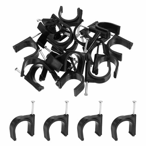 HARFINGTON 120pcs Cable Clips with Nail 25mm ID Circular Single Half Clamp J-Hook with Nail Cord Clips for Wires on Wall for Ethernet Tacks Coax Pex Tubing Pipe Support, Black - size: 25mm ID
