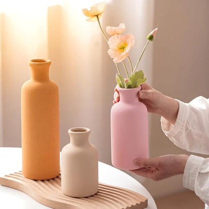 Modern Ceramic Vase Set of 3 Pink Orange Boho Vases for Home Farmhouse Rustic Decorative Bottles for Living Room Bedroom Shelf Table Bookshelf Entryway Decoration Housewarming Gift