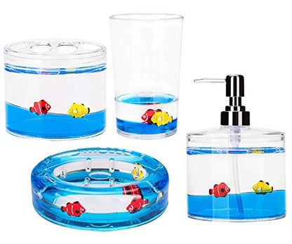 4 Piece Acrylic Liquid 4D Floating Motion Bathroom Vanity Accessory Set Ocean Cartoon Animal Theme Fish Toothbrush Holder, Tumbler, Soap Dispenser, Soap Dish