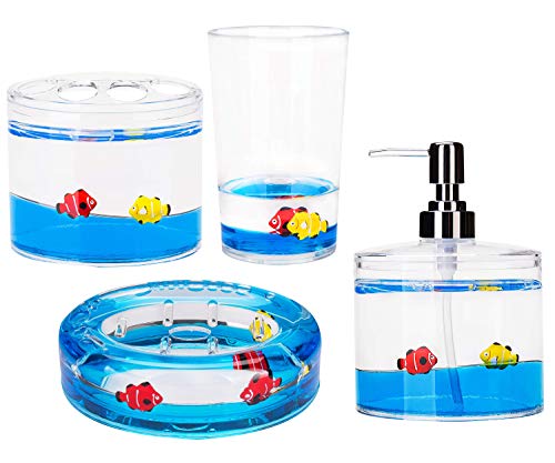 4 Piece Acrylic Liquid 4D Floating Motion Bathroom Vanity Accessory Set Ocean Cartoon Animal Theme Fish Toothbrush Holder, Tumbler, Soap Dispenser, Soap Dish